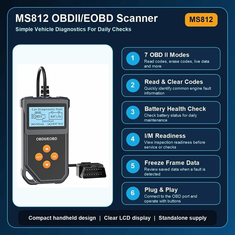 Сканер MS812 OBD2 для Fiesta II 2006-2014, диагностический прибор для автомобиля, тестер аккумулятора, считыватель кодов с 7 режимами OBD II