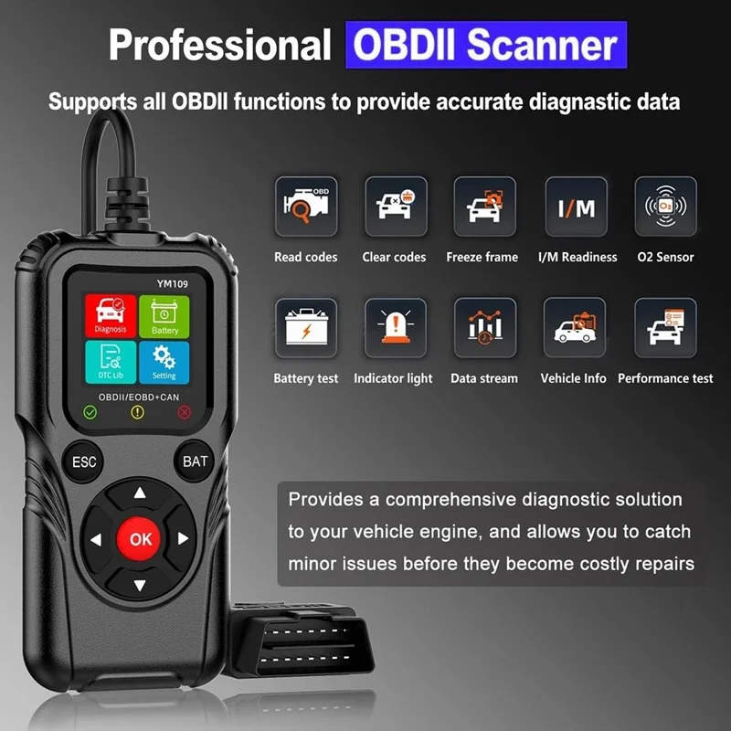 YM109 2,8-Zoll-Farb-LCD-OBD2-Scanner mit Batterietest-Auto-Diagnose-Codeleser - Schwarz