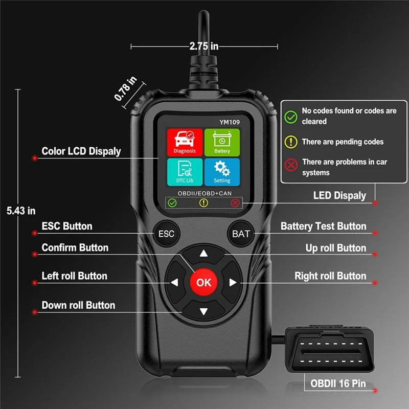 YM109 2,8-Zoll-Farb-LCD-OBD2-Scanner mit Batterietest-Auto-Diagnose-Codeleser - Schwarz