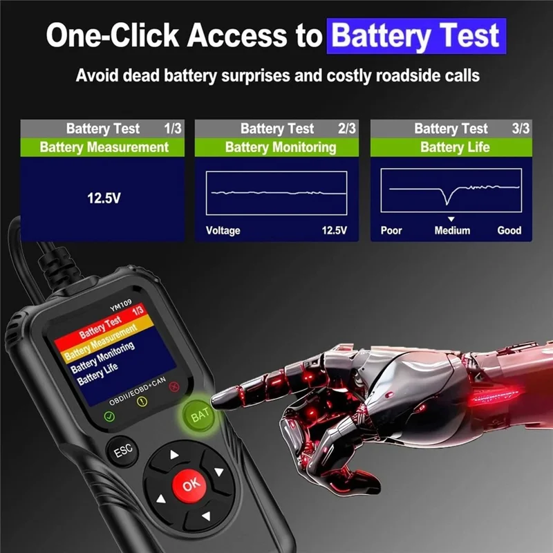 YM109 2,8-Zoll-Farb-LCD-OBD2-Scanner mit Batterietest-Auto-Diagnose-Codeleser - Schwarz