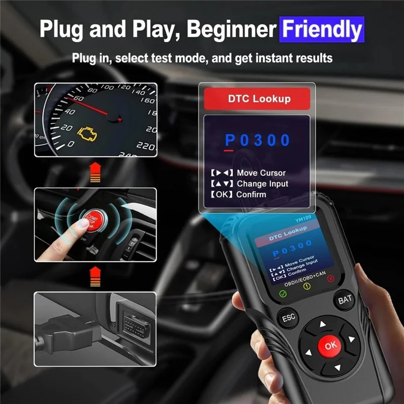 YM109 2,8-Zoll-Farb-LCD-OBD2-Scanner mit Batterietest-Auto-Diagnose-Codeleser - Schwarz