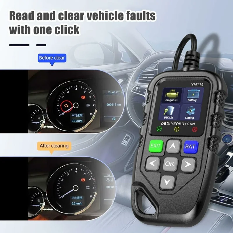 YM119 Leitor de Códigos de Avaria do Motor OBD2 Ferramenta de Diagnóstico com Teste de Bateria - Preto