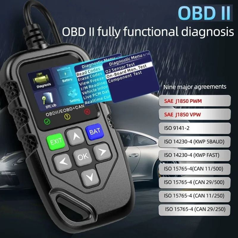 YM119 Leitor de Códigos de Avaria do Motor OBD2 Ferramenta de Diagnóstico com Teste de Bateria - Preto