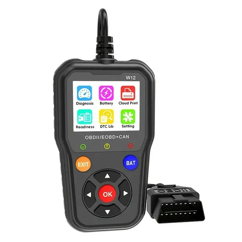W12 OBD2 Scanner OBDII / EOBD+CAN Fahrzeugdiagnosegerät mit Batterietest 35000+ DTC-Suche - Schwarz