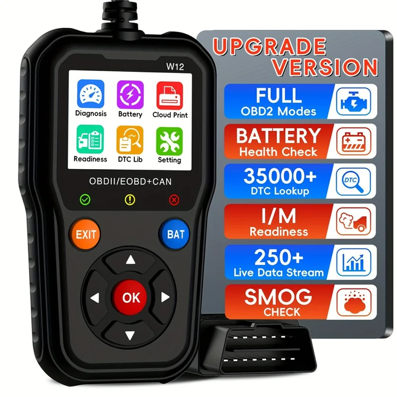 W12 OBD2 Scanner OBDII / EOBD+CAN Fahrzeugdiagnosegerät mit Batterietest 35000+ DTC-Suche - Schwarz