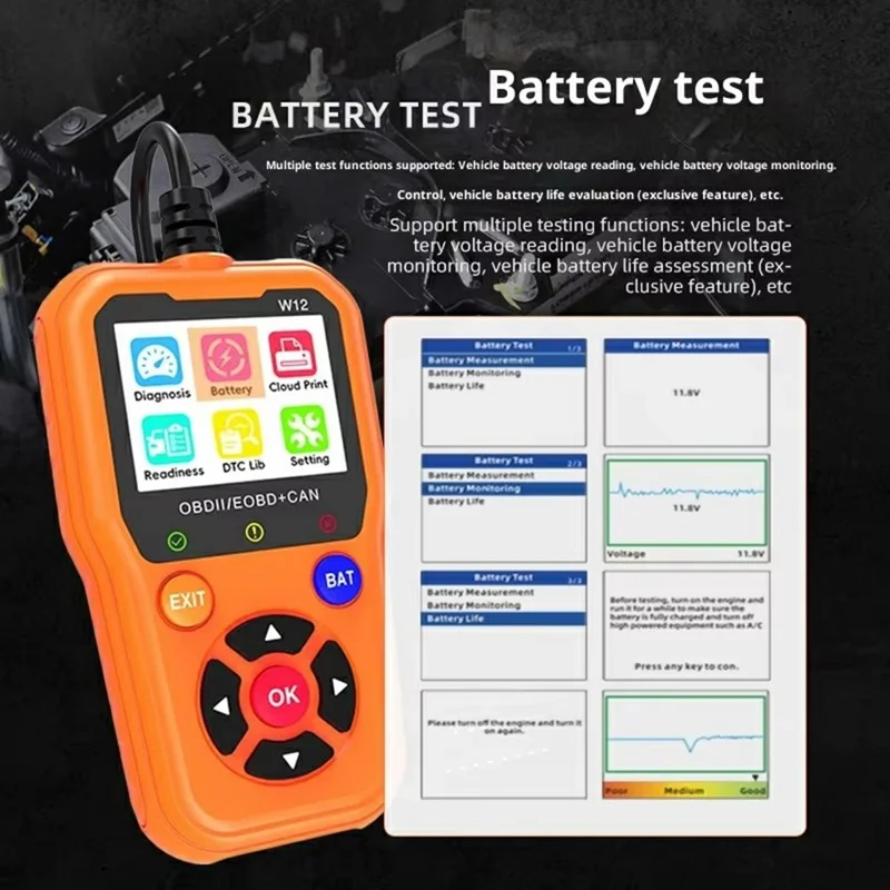 W12 OBD2 Scanner OBDII / EOBD+CAN Fahrzeugdiagnosegerät mit Batterietest 35000+ DTC-Suche - Schwarz