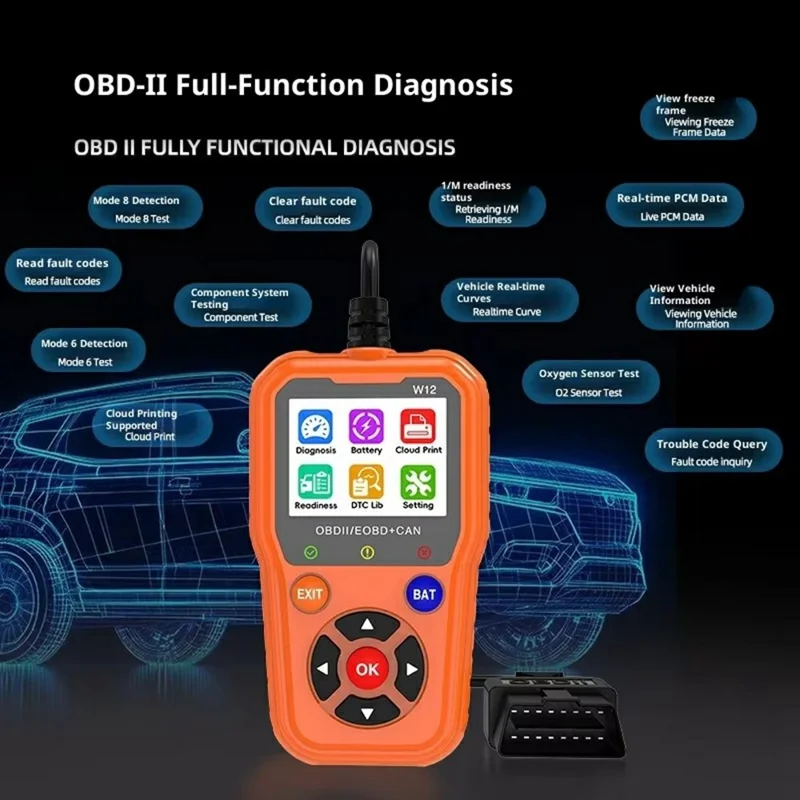 W12 OBD2 Scanner OBDII / EOBD+CAN Fahrzeugdiagnosegerät mit Batterietest 35000+ DTC-Suche - Schwarz