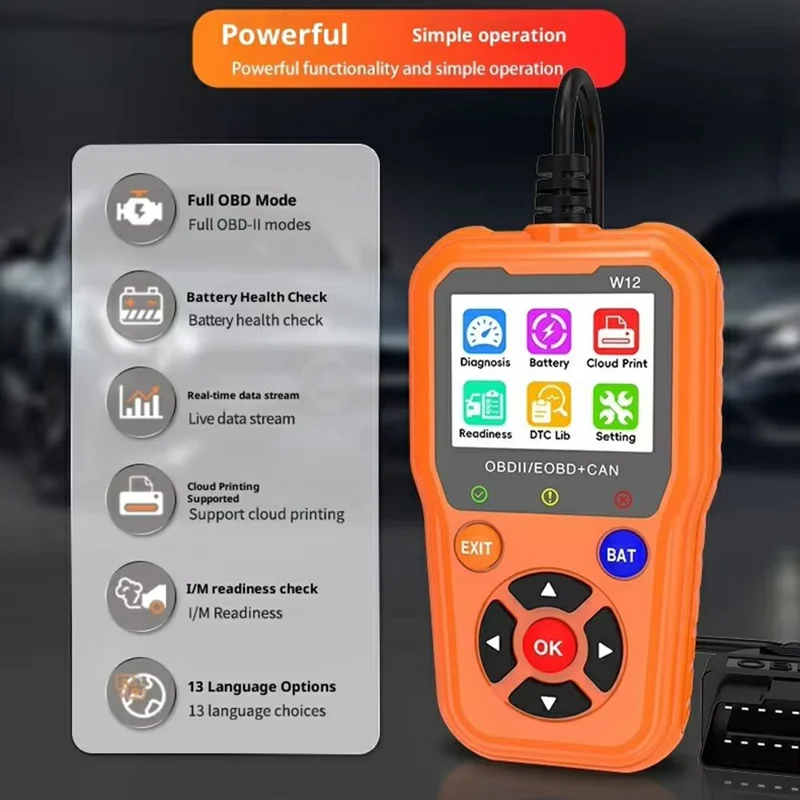 W12 OBD2 Scanner OBDII / EOBD+CAN Fahrzeugdiagnosegerät mit Batterietest 35000+ DTC-Suche - Schwarz