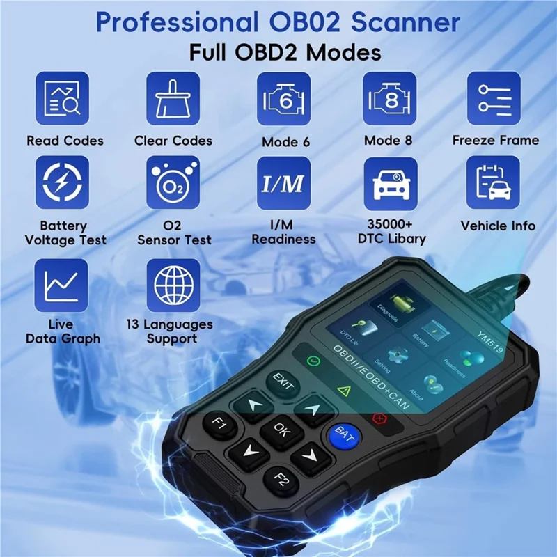 YM519 OBD2 Code Reader Car Engine Diagnostic Tool Full OBDII Scanner Support 13 Languages