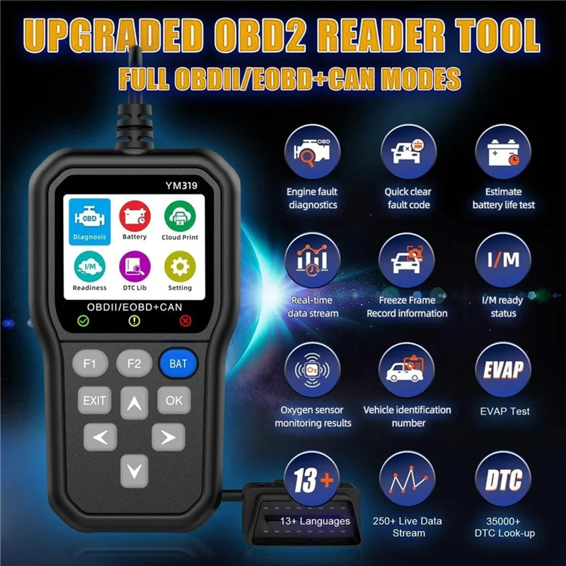 YM319 OBD2 Scanner Engine Fault Code Reader Battery Voltage Tester Automotive Diagnostic Tool