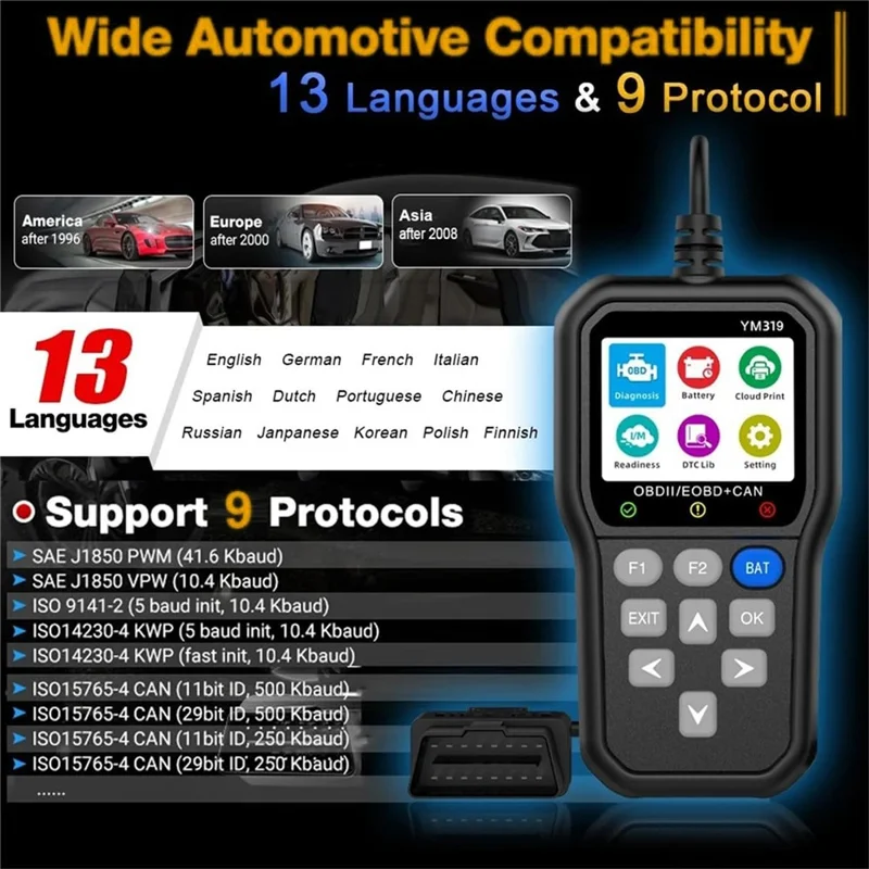 YM319 OBD2 Scanner Engine Fault Code Reader Battery Voltage Tester Automotive Diagnostic Tool