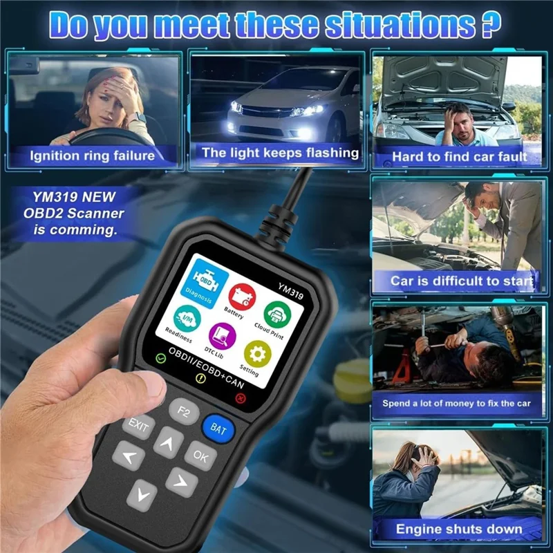 YM319 OBD2 Scanner Engine Fault Code Reader Battery Voltage Tester Automotive Diagnostic Tool