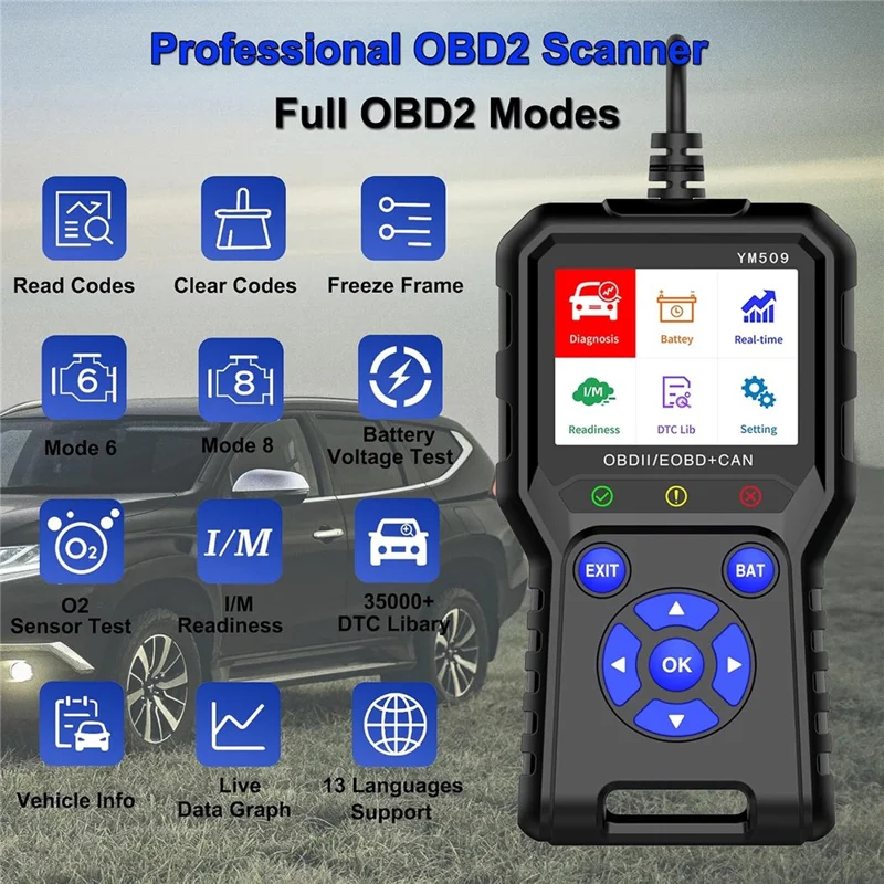 YM509 OBD2 Сканер, считыватель диагностических кодов автомобиля, профессиональный автомобильный инструмент CAN OBDII / EOBD