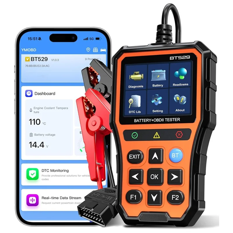 BT529 Bluetooth-kompatibler Auto-Batterietester 2,8-Zoll-IPS-Display OBDII-Fehlercodeleser - Orange