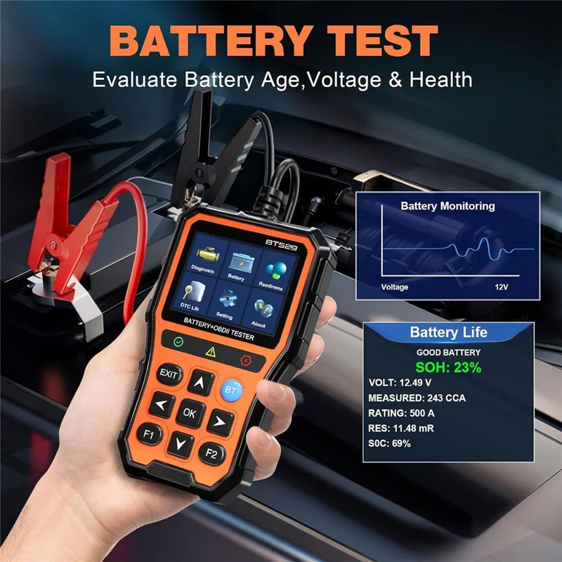 BT529 Bluetooth-kompatibler Auto-Batterietester 2,8-Zoll-IPS-Display OBDII-Fehlercodeleser - Orange
