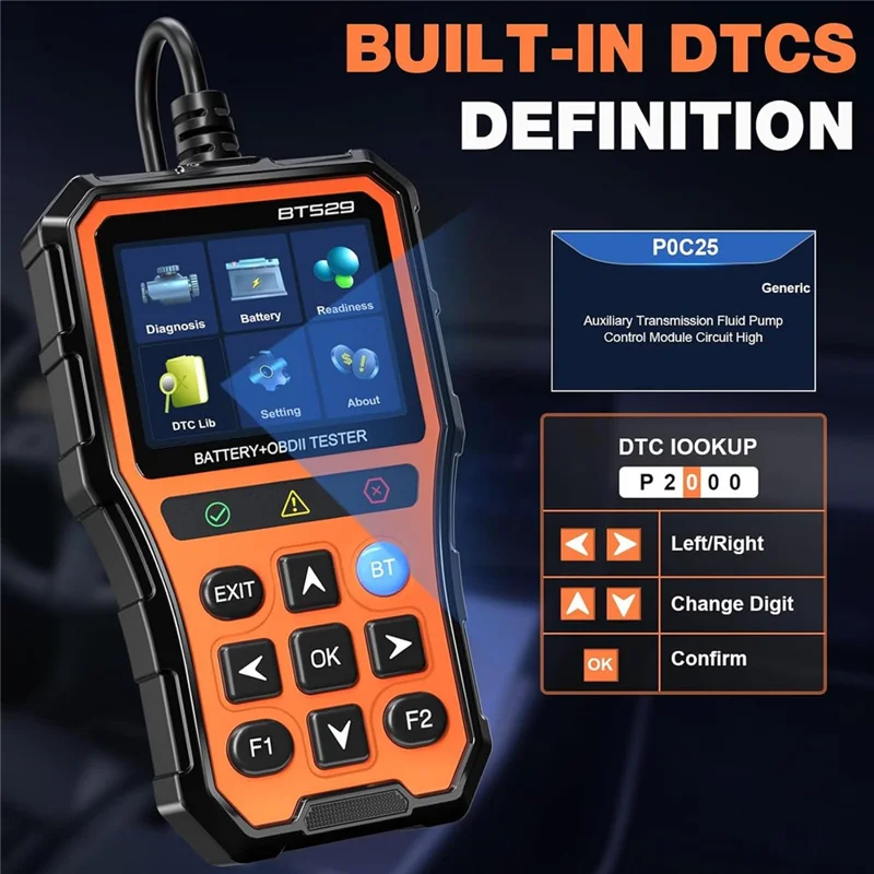 BT529 Bluetooth-kompatibler Auto-Batterietester 2,8-Zoll-IPS-Display OBDII-Fehlercodeleser - Orange