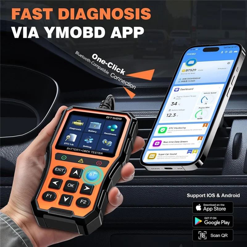 BT529 Bluetooth-kompatibler Auto-Batterietester 2,8-Zoll-IPS-Display OBDII-Fehlercodeleser - Orange