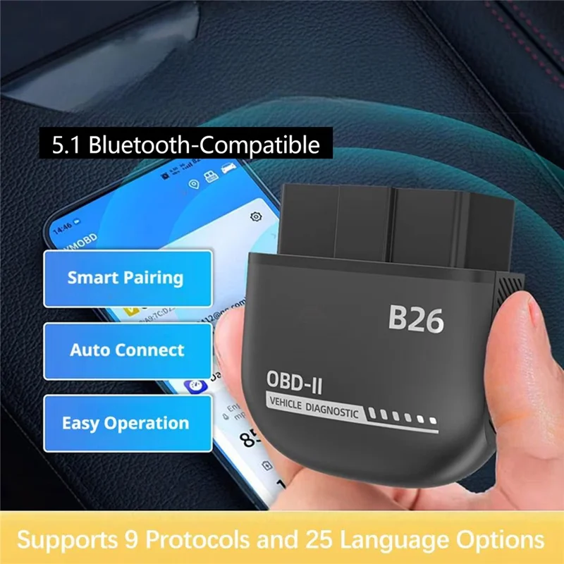 B26 Bluetooth-совместимый 5.1 OBD2 автомобильный диагностический сканер ELM327, считыватель кодов двигателя — черный
