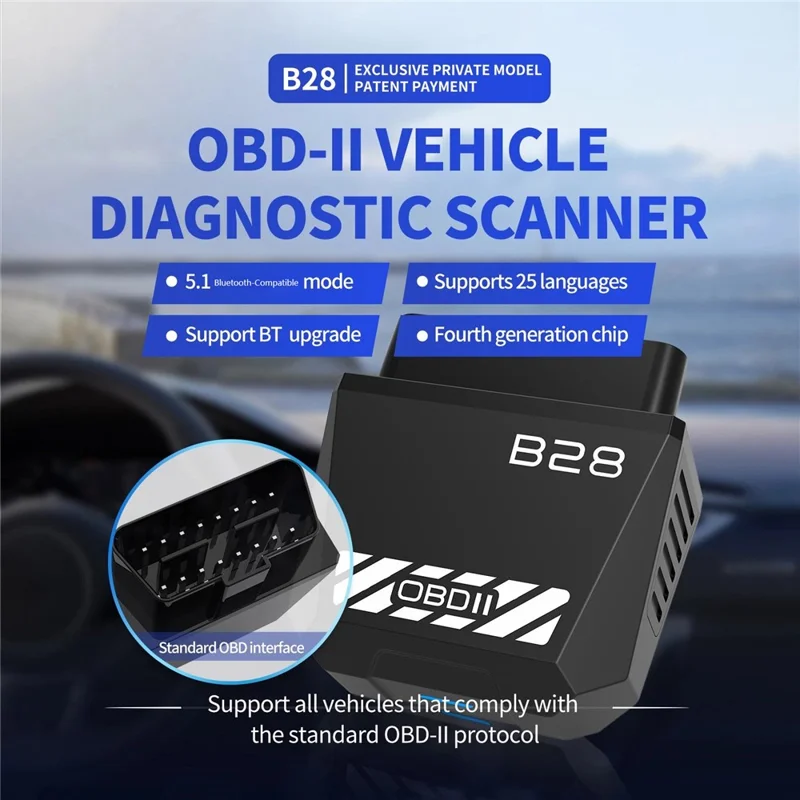 B28 OBD2-Scanner ELM327 Bluetooth 5.1 Auto-Engine-Diagnose-Code-Leser - Schwarz