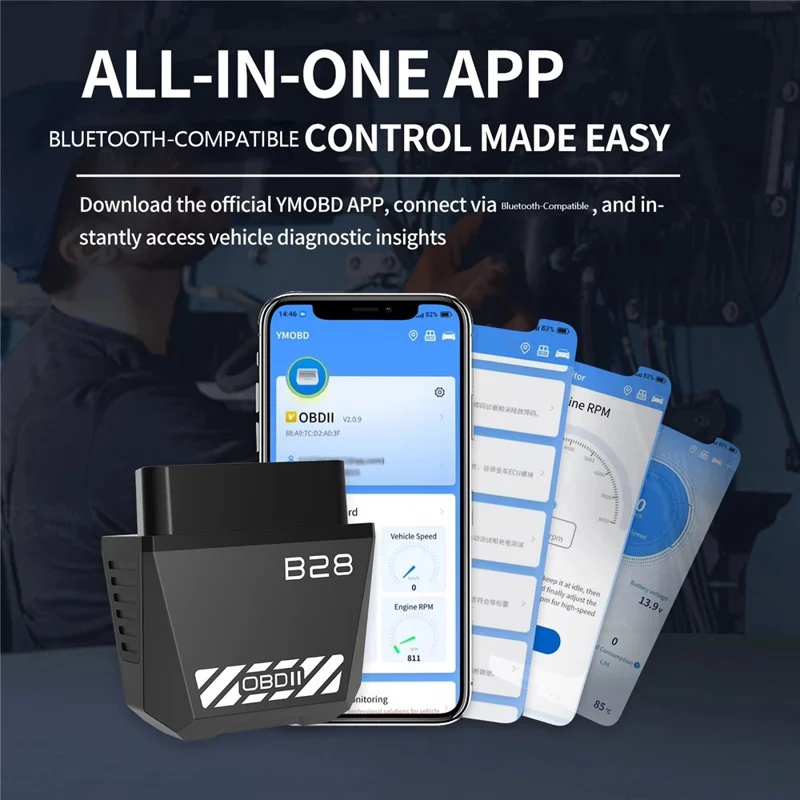 B28 OBD2-Scanner ELM327 Bluetooth 5.1 Auto-Engine-Diagnose-Code-Leser - Schwarz