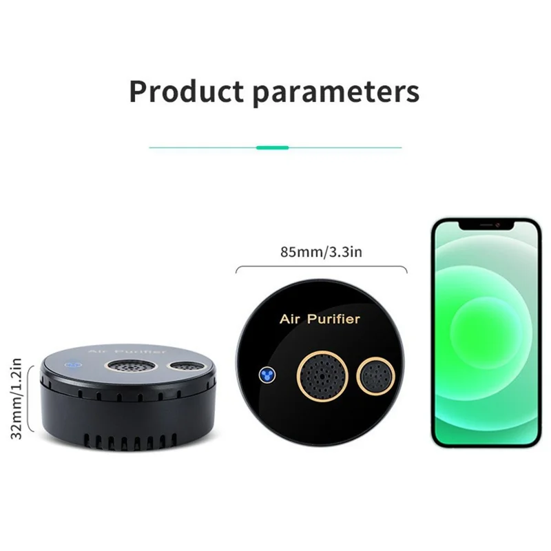USB Powered Plasma Negative Ion Air Purifier 360-Degree Purification 5W Low Noise for Car Bathroom Kitchen - Black