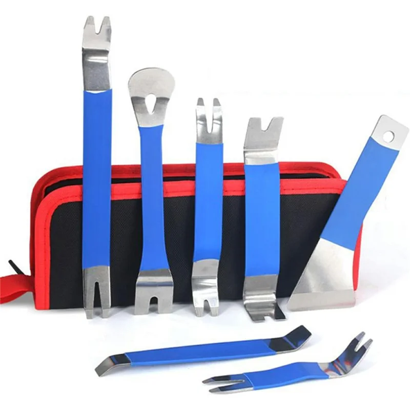 7Pcs Stainless Steel Car Pry Bar Tool Set Multi-Size Trim Removal Pry Bars for Car Door Panel Dashboard Removal - Blue
