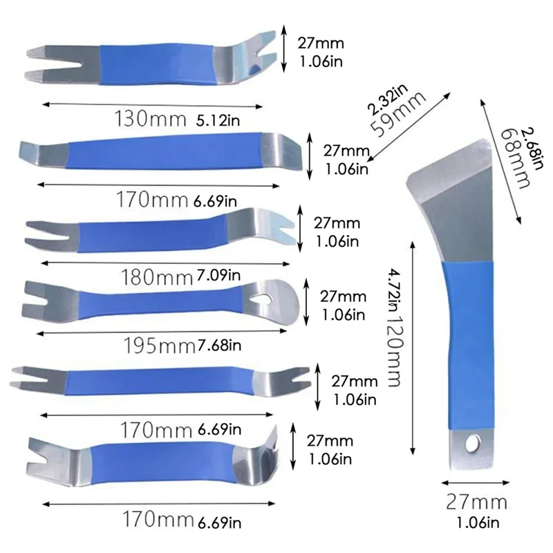 7Pcs Stainless Steel Car Pry Bar Tool Set Multi-Size Trim Removal Pry Bars for Car Door Panel Dashboard Removal - Blue