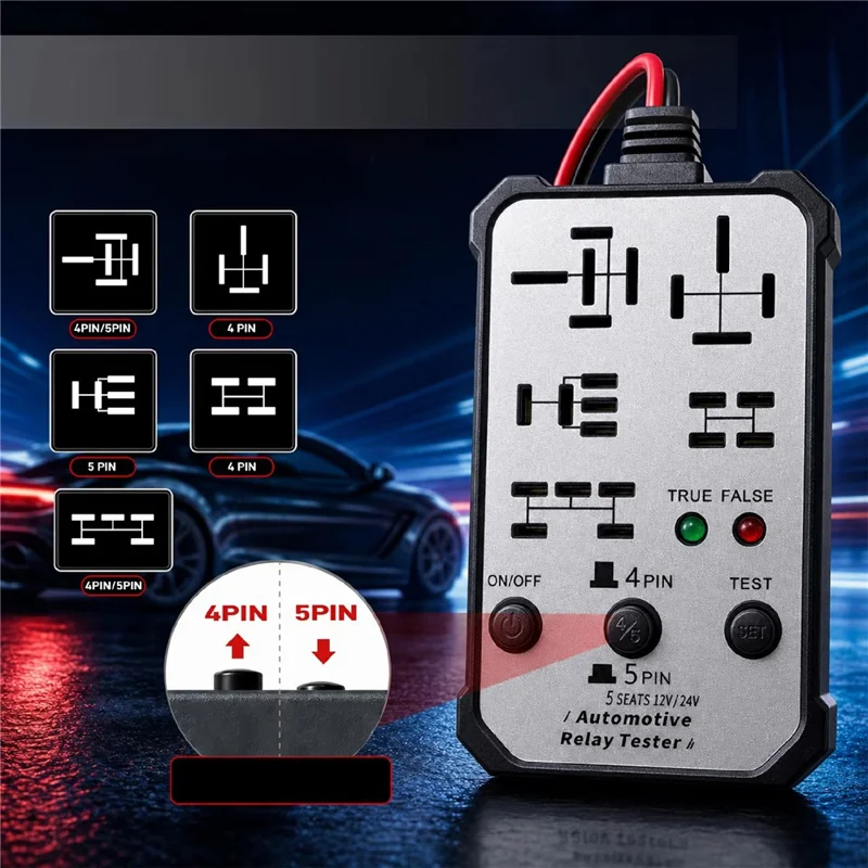 Automotive Relay Tester 12V / 24V Dual Voltage Diagnostic Tool 5-Position Multi-Function Relay Detector for Vehicle Repair - White