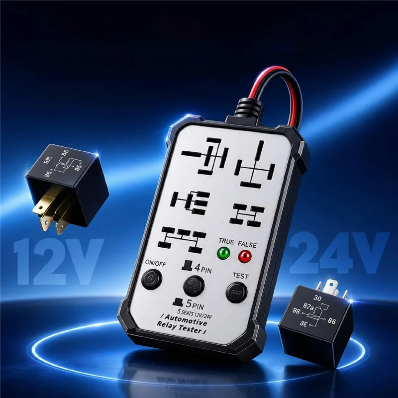Automotive Relay Tester 12V / 24V Dual Voltage Diagnostic Tool 5-Position Multi-Function Relay Detector for Vehicle Repair - White