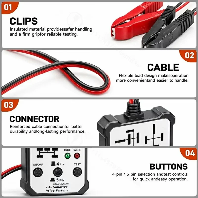 Automotive Relay Tester 12V / 24V Dual Voltage Diagnostic Tool 5-Position Multi-Function Relay Detector for Vehicle Repair - White