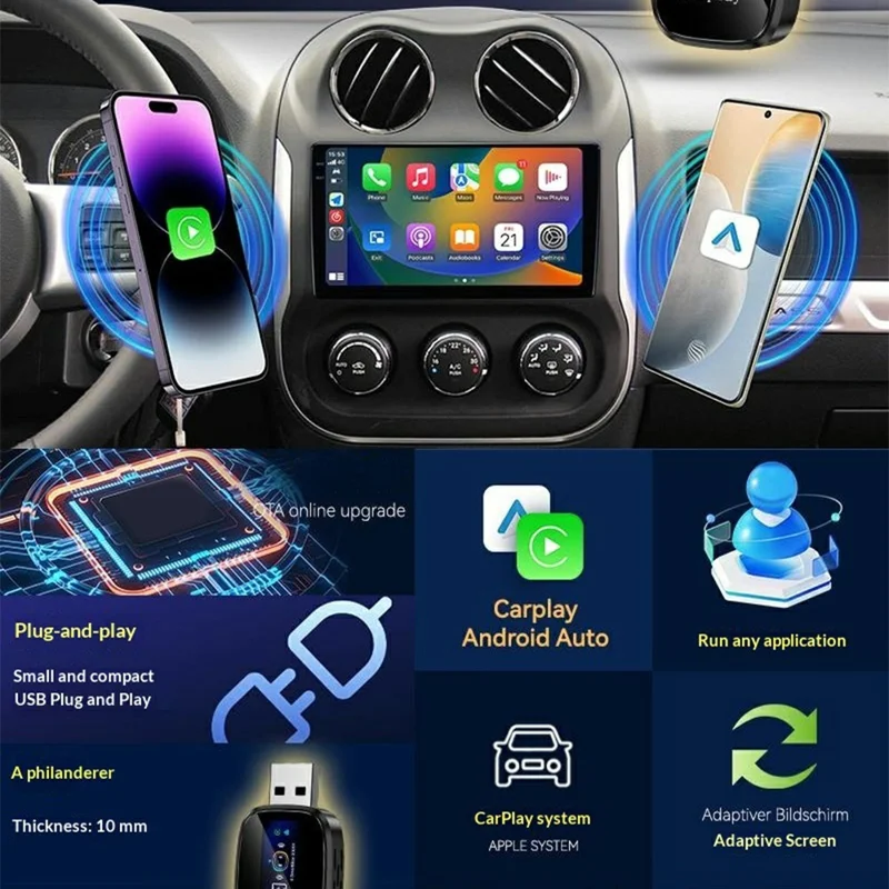 Q1A 2 in 1 Wireless CarPlay Android Auto Adapter mit integriertem LCD-Display Bluetooth 5.0 USB Plug and Play – Schwarz