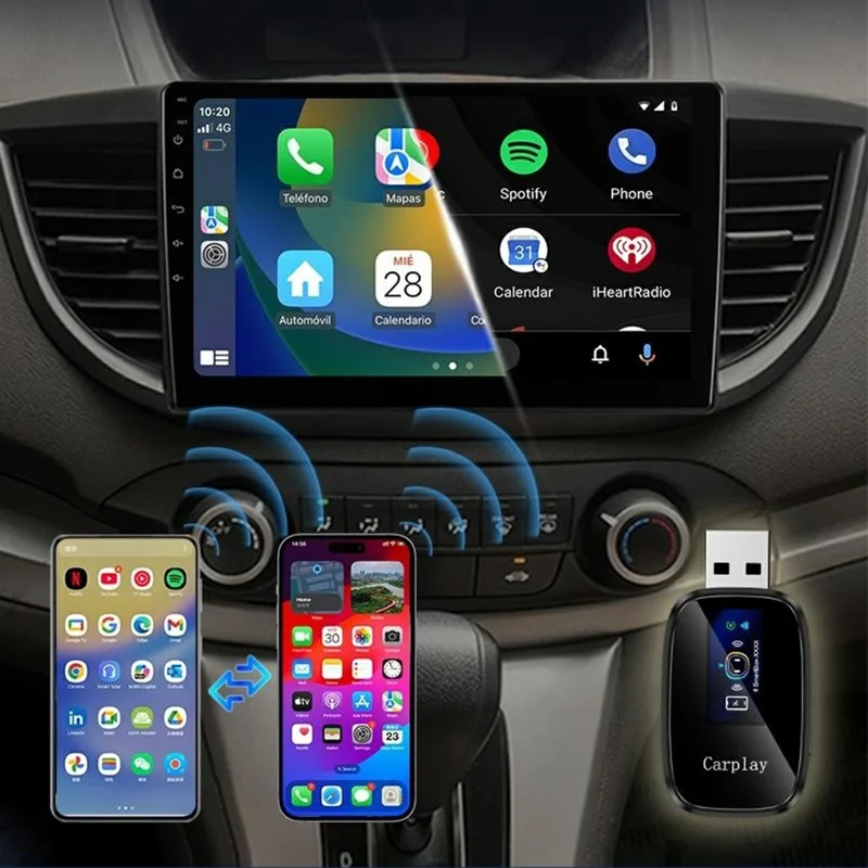Q1A 2 in 1 Wireless CarPlay Android Auto Adapter mit integriertem LCD-Display Bluetooth 5.0 USB Plug and Play – Schwarz