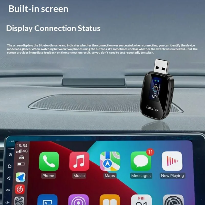 Q1A 2 in 1 Wireless CarPlay Android Auto Adapter mit integriertem LCD-Display Bluetooth 5.0 USB Plug and Play – Schwarz