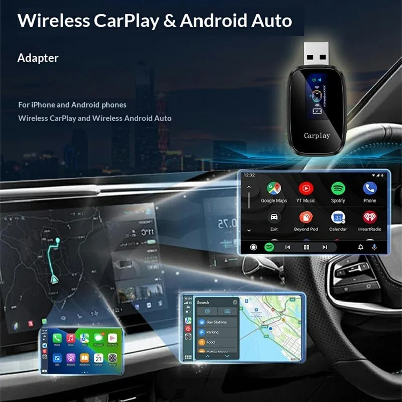 Q1A 2 in 1 Wireless CarPlay Android Auto Adapter mit integriertem LCD-Display Bluetooth 5.0 USB Plug and Play – Schwarz