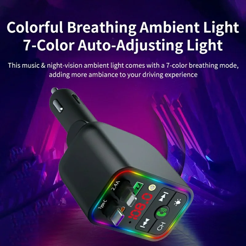 T3 Car Charger 100W Fast Charging Retractable Cable Bluetooth-compatible MP3 Player FM Transmitter with Starry Light - Black