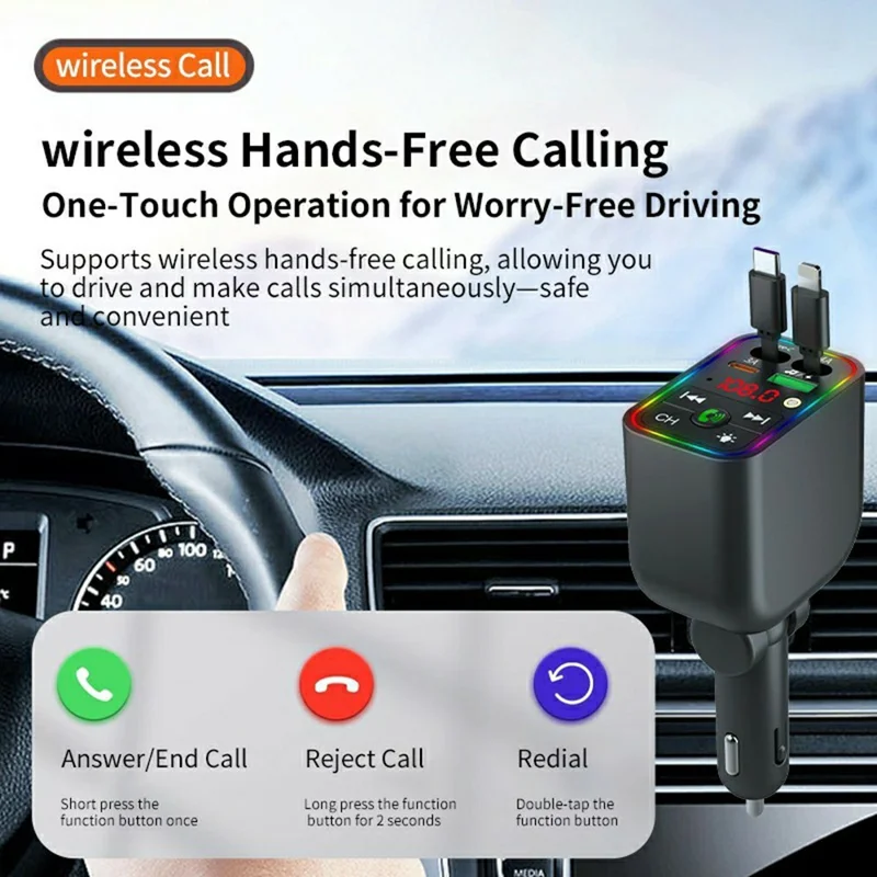 T3 Car Charger 100W Fast Charging Retractable Cable Bluetooth-compatible MP3 Player FM Transmitter with Starry Light - Black