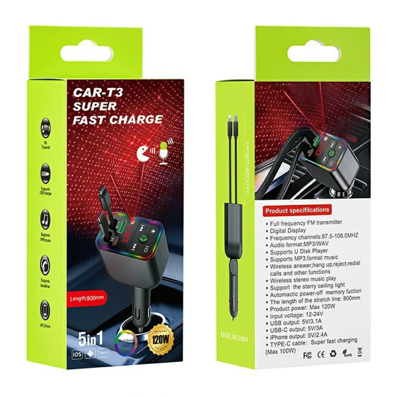 T3 Car Charger 100W Fast Charging Retractable Cable Bluetooth-compatible MP3 Player FM Transmitter with Starry Light - Black