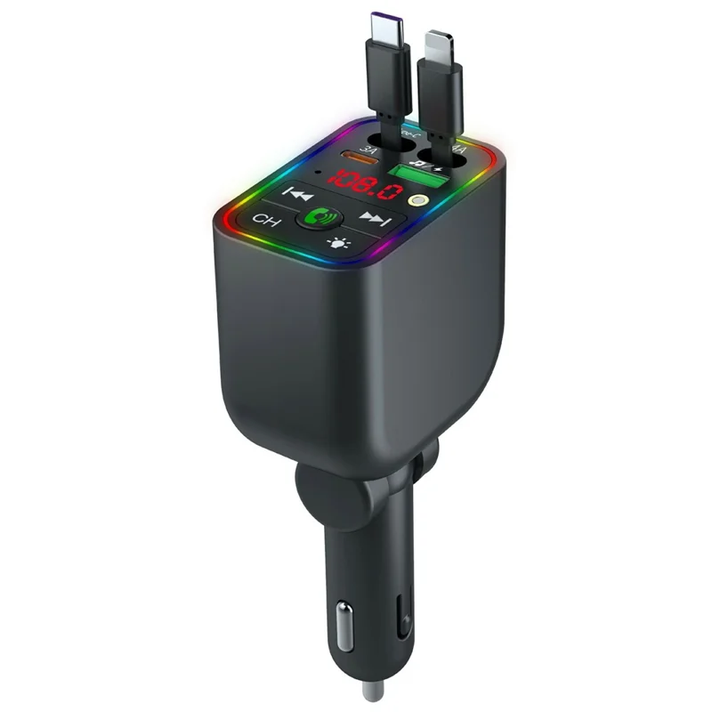 T3 Car Charger 100W Fast Charging Retractable Cable Bluetooth-compatible MP3 Player FM Transmitter with Starry Light - Black
