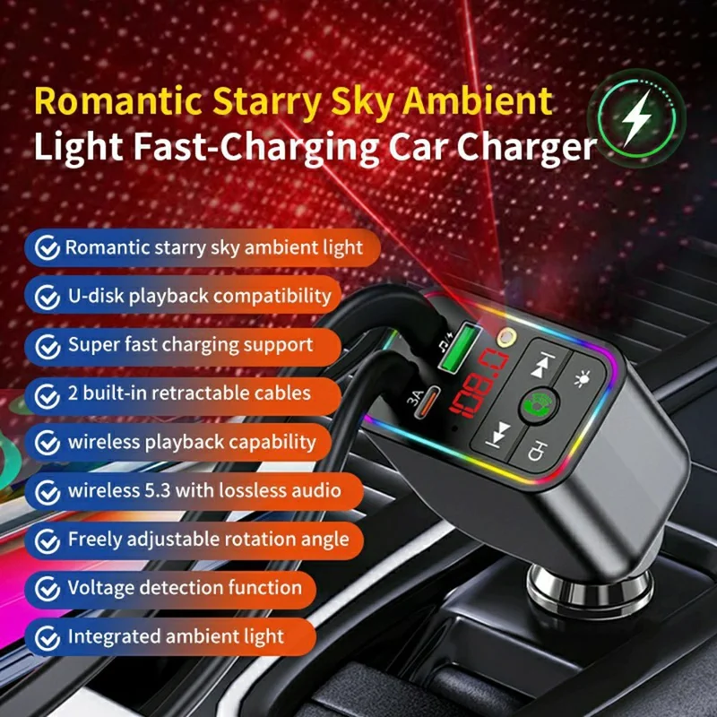 T3 Car Charger 100W Fast Charging Retractable Cable Bluetooth-compatible MP3 Player FM Transmitter with Starry Light - Black