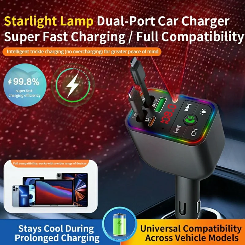 T3 Car Charger 100W Fast Charging Retractable Cable Bluetooth-compatible MP3 Player FM Transmitter with Starry Light - Black