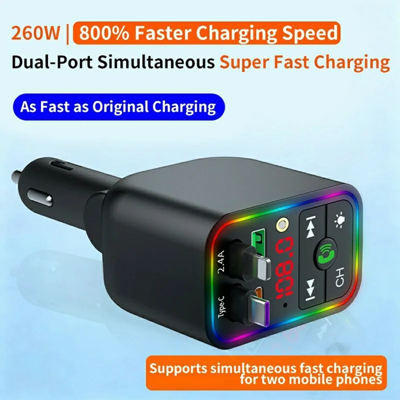 T3 Car Charger 100W Fast Charging Retractable Cable Bluetooth-compatible MP3 Player FM Transmitter with Starry Light - Black