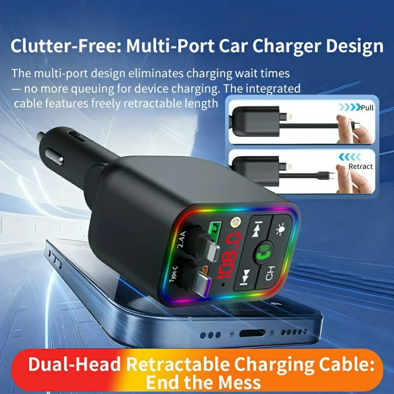 T3 Car Charger 100W Fast Charging Retractable Cable Bluetooth-compatible MP3 Player FM Transmitter with Starry Light - Black