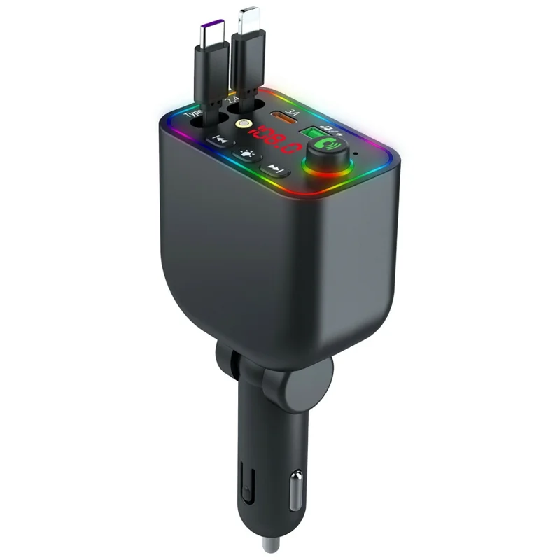 T4 100W Fast Charging Car Charger with Retractable Cables Starry Sky Light Bluetooth-compatible MP3 Player - Black