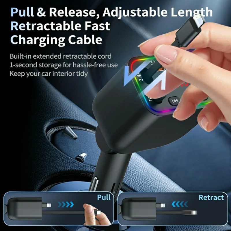 T4 100W Fast Charging Car Charger with Retractable Cables Starry Sky Light Bluetooth-compatible MP3 Player - Black