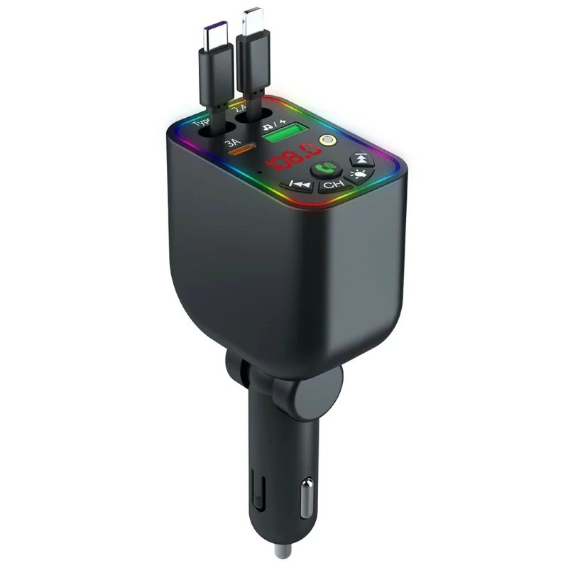 T5 Car Charger Bluetooth-compatible 5.3 MP3 Player 100W Fast Charging Built-in Retractable Cables Starry Sky LED Light - Black