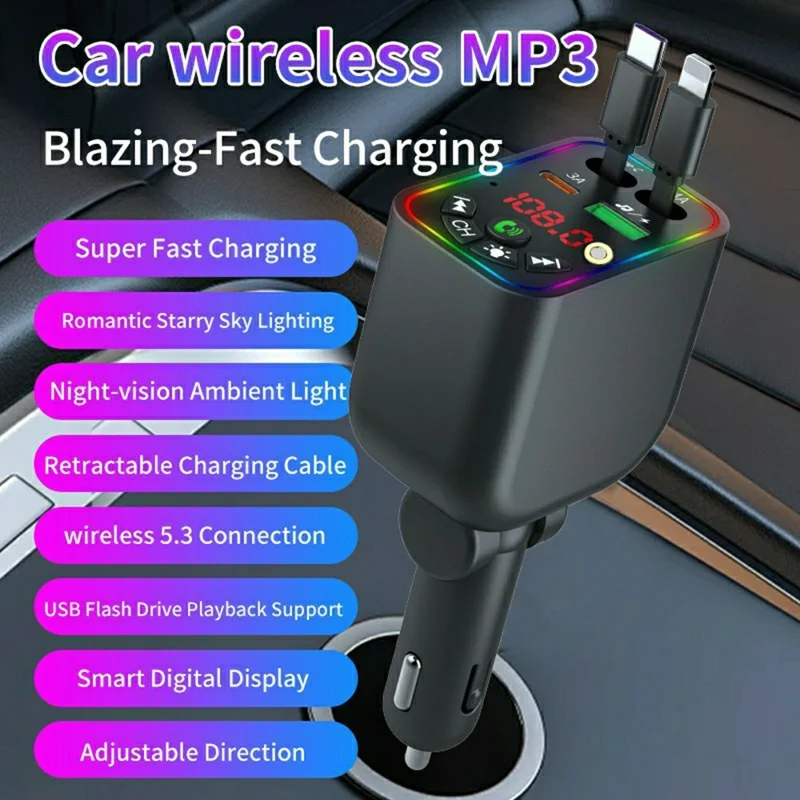 T5 Car Charger Bluetooth-compatible 5.3 MP3 Player 100W Fast Charging Built-in Retractable Cables Starry Sky LED Light - Black