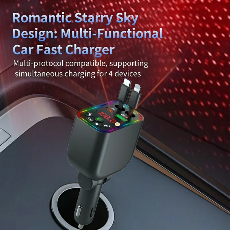 T5 Car Charger Bluetooth-compatible 5.3 MP3 Player 100W Fast Charging Built-in Retractable Cables Starry Sky LED Light - Black