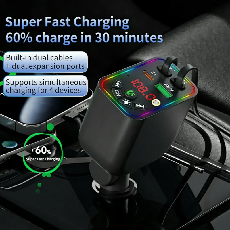 T5 Car Charger Bluetooth-compatible 5.3 MP3 Player 100W Fast Charging Built-in Retractable Cables Starry Sky LED Light - Black