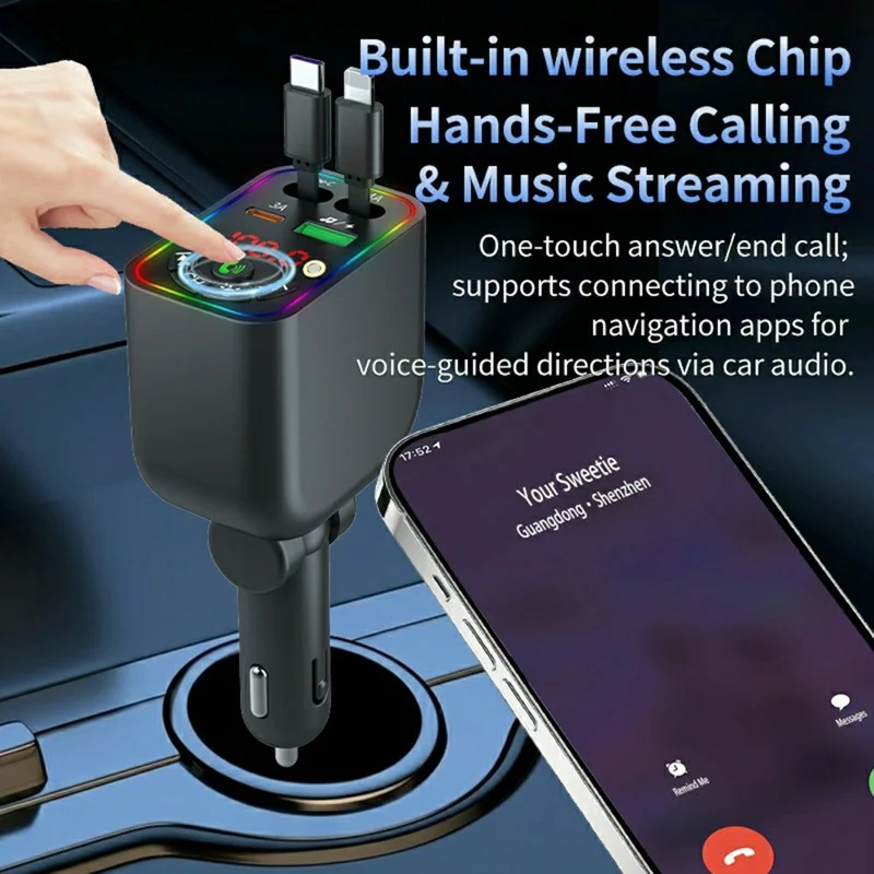 T5 Car Charger Bluetooth-compatible 5.3 MP3 Player 100W Fast Charging Built-in Retractable Cables Starry Sky LED Light - Black