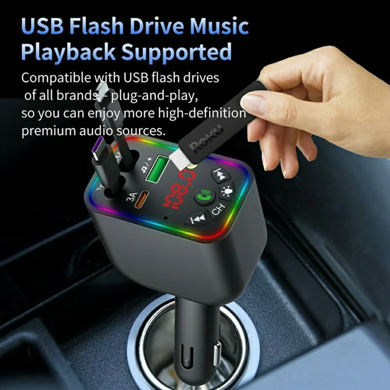 T5 Car Charger Bluetooth-compatible 5.3 MP3 Player 100W Fast Charging Built-in Retractable Cables Starry Sky LED Light - Black